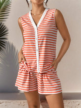 Summer Casual Striped Color Block Button Front Sleeveless Top And Shorts Set